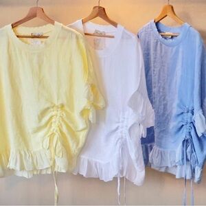 ITALIAN 🇮🇹 100% linen chic Women's Ruffled Blouses - Yellow, White, and Blue